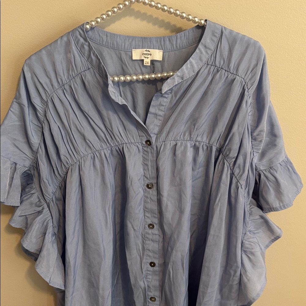 Entro Light Blue Ruffle Sleeve Blouse size 2x - Picture 2 of 6